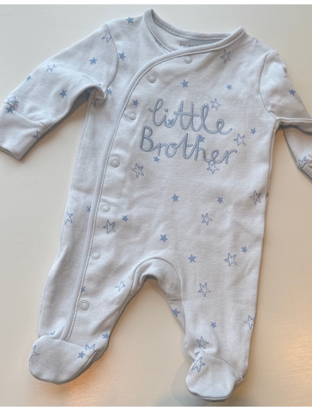 Primark Baby Light Blue 100% Cotton Little Brother Onsie Footie 0-3 M